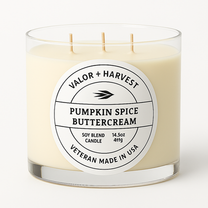 Candle with 'Valor + Harvest' label on a white background