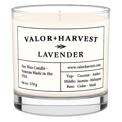 Front view of Lavender scented candle in sleek glass jar – calming floral fragrance, styled for relaxation and tranquility. 