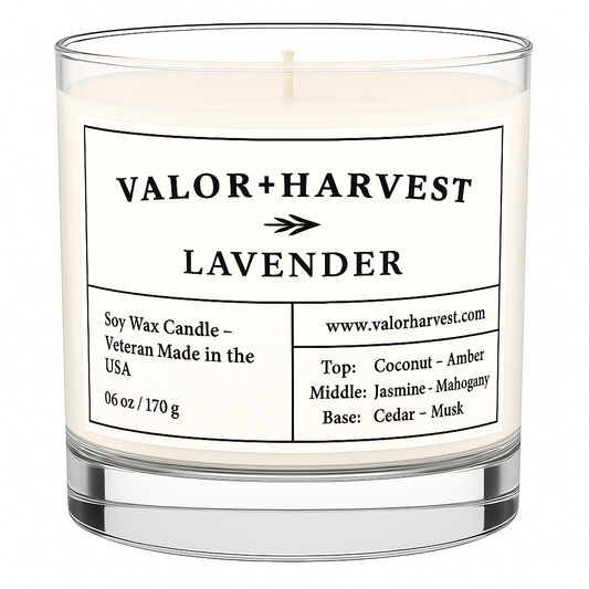 Front view of Lavender scented candle in sleek glass jar – calming floral fragrance, styled for relaxation and tranquility. 