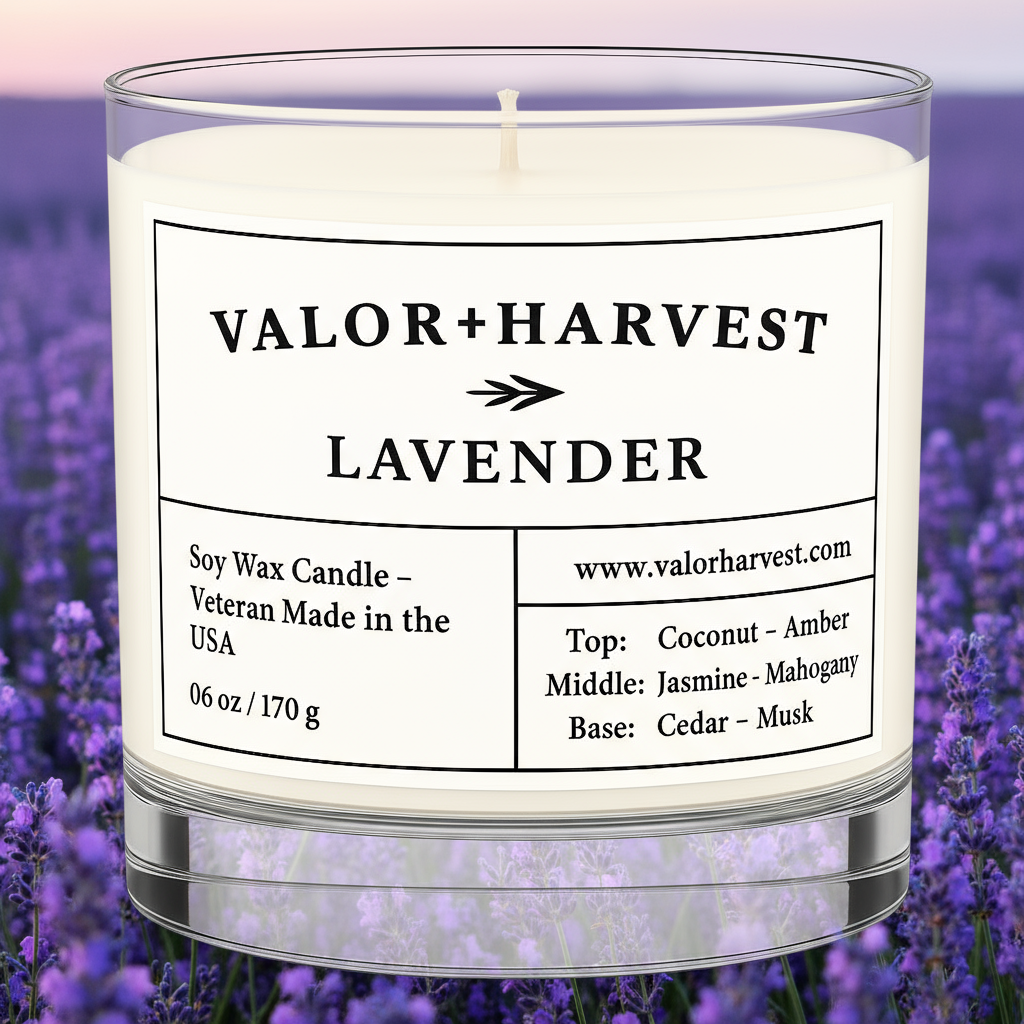 Lavender scented candle, front view, clear glass jar. 