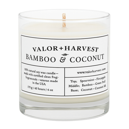 Front view of Bamboo Coconut scented soy candle in minimalist container – tropical fragrance, handcrafted design. 2 