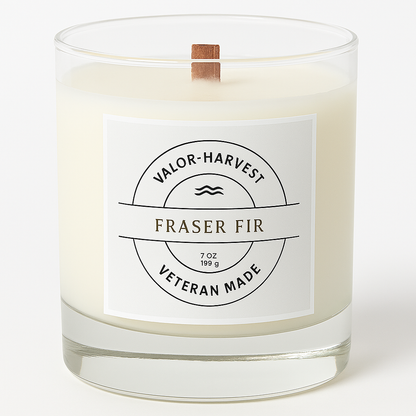 Glass jar candle, fraser fir with a label on a white background. 