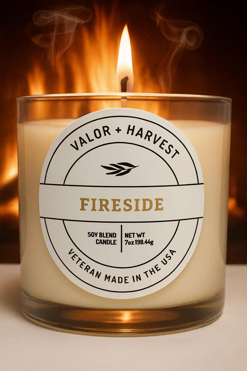 Fireside scented white glass 7 oz candle front facing view. 