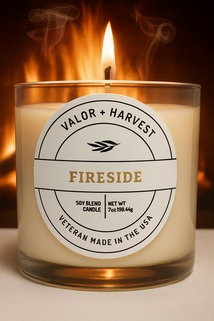 Fireside scented white glass 7 oz candle front facing view. 