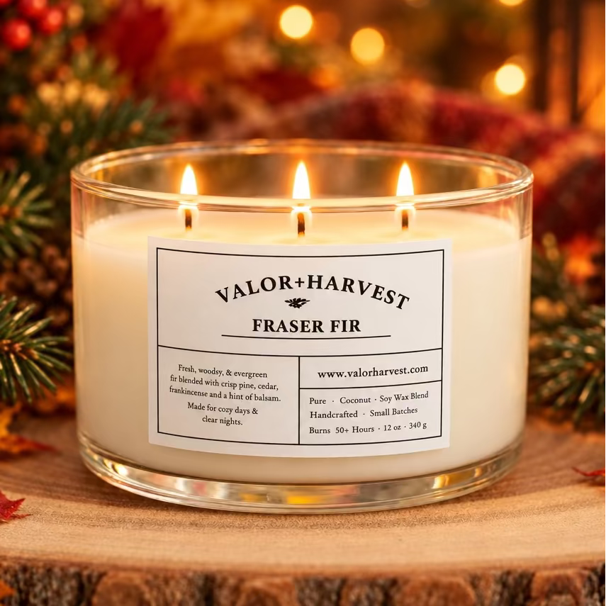 Lit Valor+Harvest Fraser Fir 12 oz soy wax candle in a glass jar on a rustic wooden base.