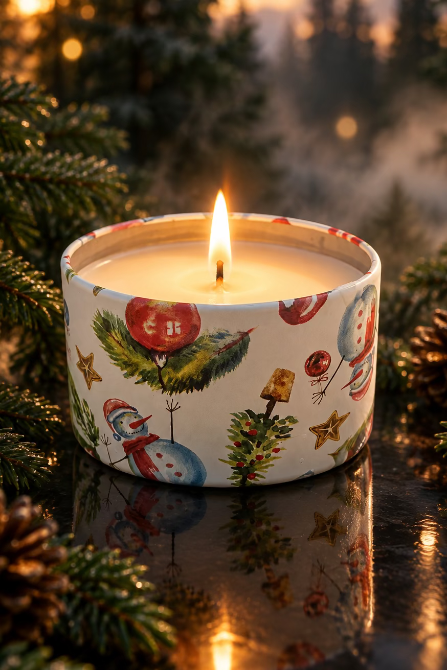 Lit Fraser Fir handcrafted coco soy wax candle in a festive holiday tin with winter illustrations