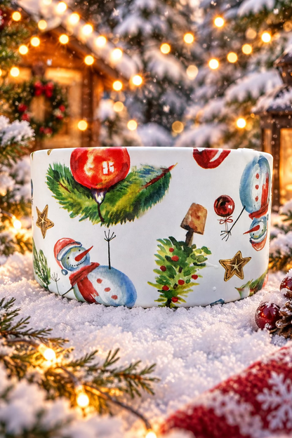 Valor+Harvest Fraser Fir candle in a holiday-themed tin resting in snow with bokeh lights.