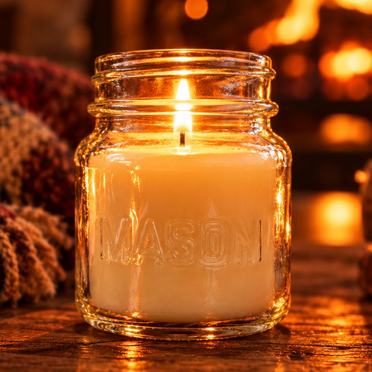 Lit Fireside scented soy coconut wax candle in a glass Mason jar on a rustic wooden surface