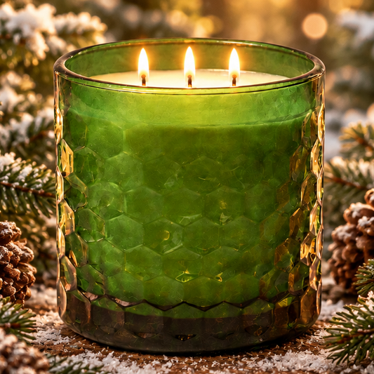 Lit three-wick Fraser Fir soy candle in a green honeycomb glass jar with pine cones and snow.