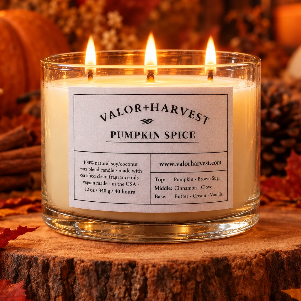 Lit Valor+Harvest Pumpkin Spice soy wax candle in a glass jar on a rustic wood slice.