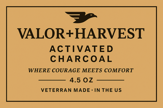 Valor Harvest activated charcoal packaging with text on a beige background