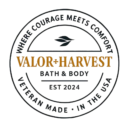 Valor+Harvest Bath & Body circular logo, Veteran Made in the USA, established 2024