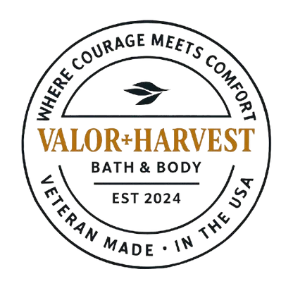 Valor+Harvest Bath & Body circular logo, Veteran Made in the USA, established 2024