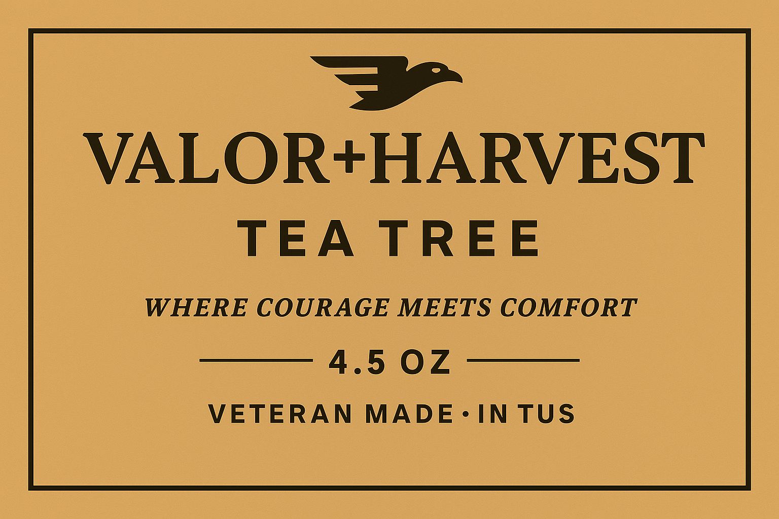 Valor Harvest Tea Tree packaging with text on a beige background